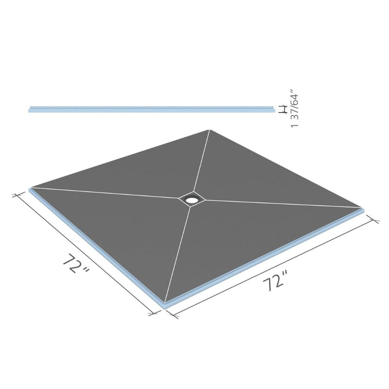 Rendering of 72x72 inch Wedi Fundo center drain shower base with sloped top surface and 1-37/64 inch height dimension.