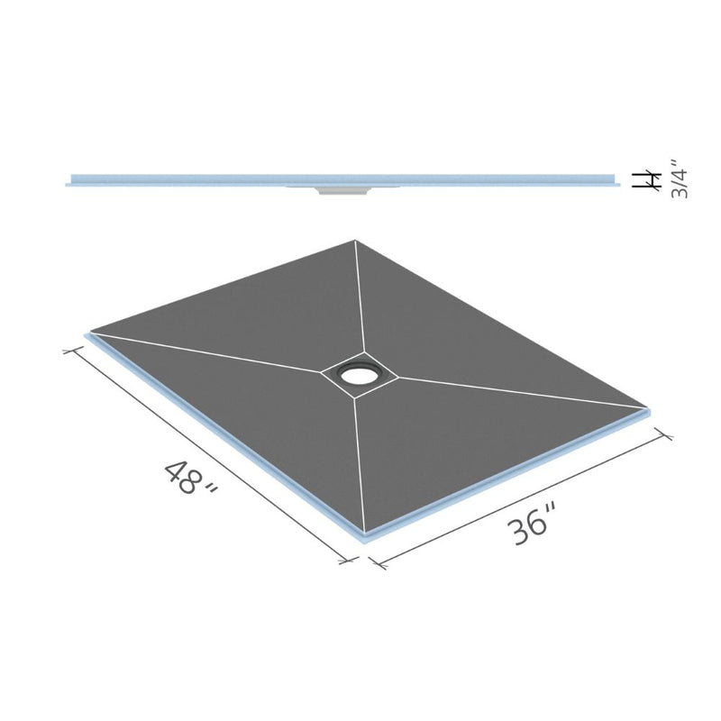 wedi Fundo Center Drain Lingo 36" x 48" dimensions. This diagram shows the length, width, and height. The curbless shower base against a white background