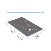 wedi Fundo Center Drain Lingo 60" x 36" dimensions. This diagram shows the length, width, and height. The curbless shower base against a white background