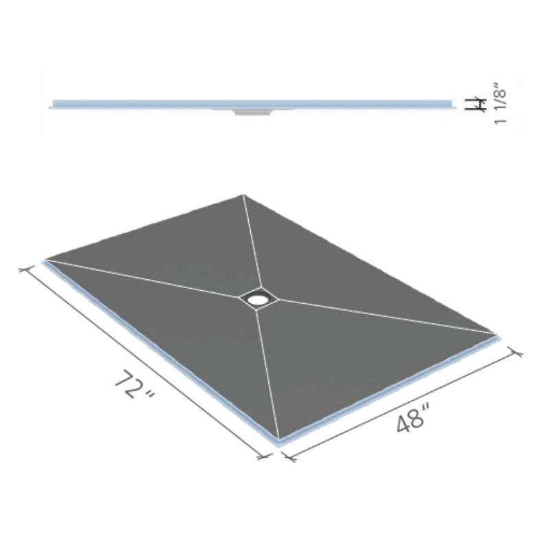 wedi Fundo Center Drain Lingo 48" x 72" dimensions. This diagram shows the length, width, and height. The curbless shower base against a white background