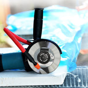 Hydrotail water attachment connected to angle grinder with diamond blade and flowing water for silica dust suppression