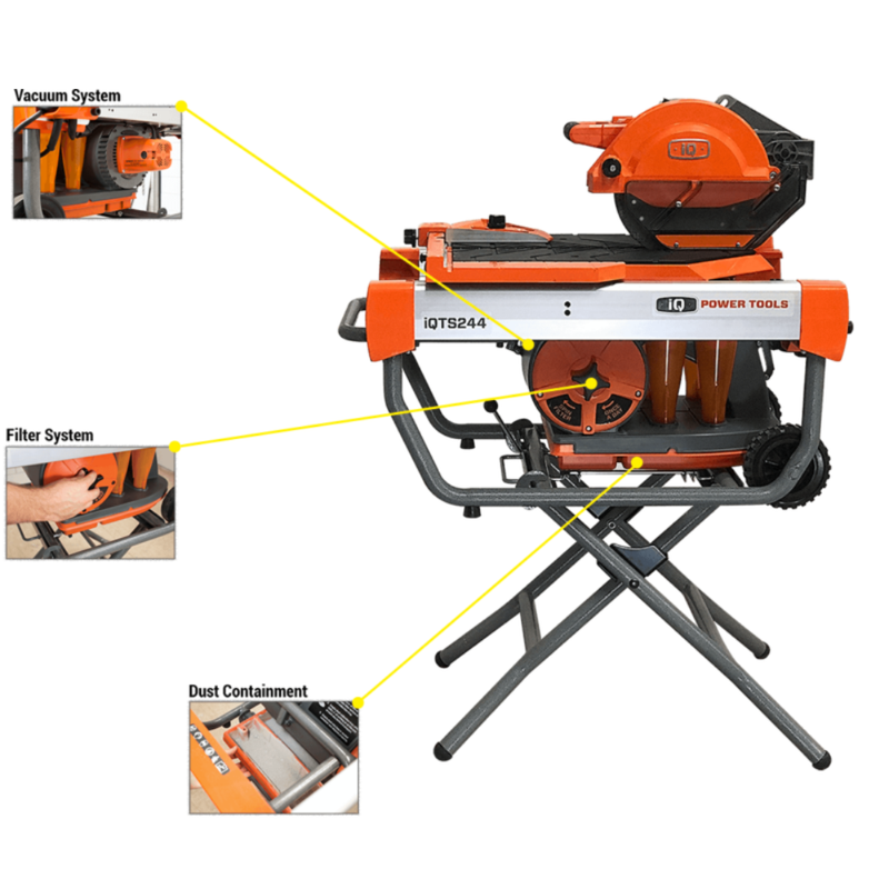 iQTS244 dry cut tile saw with stand with its unique features such as dust collection and filter