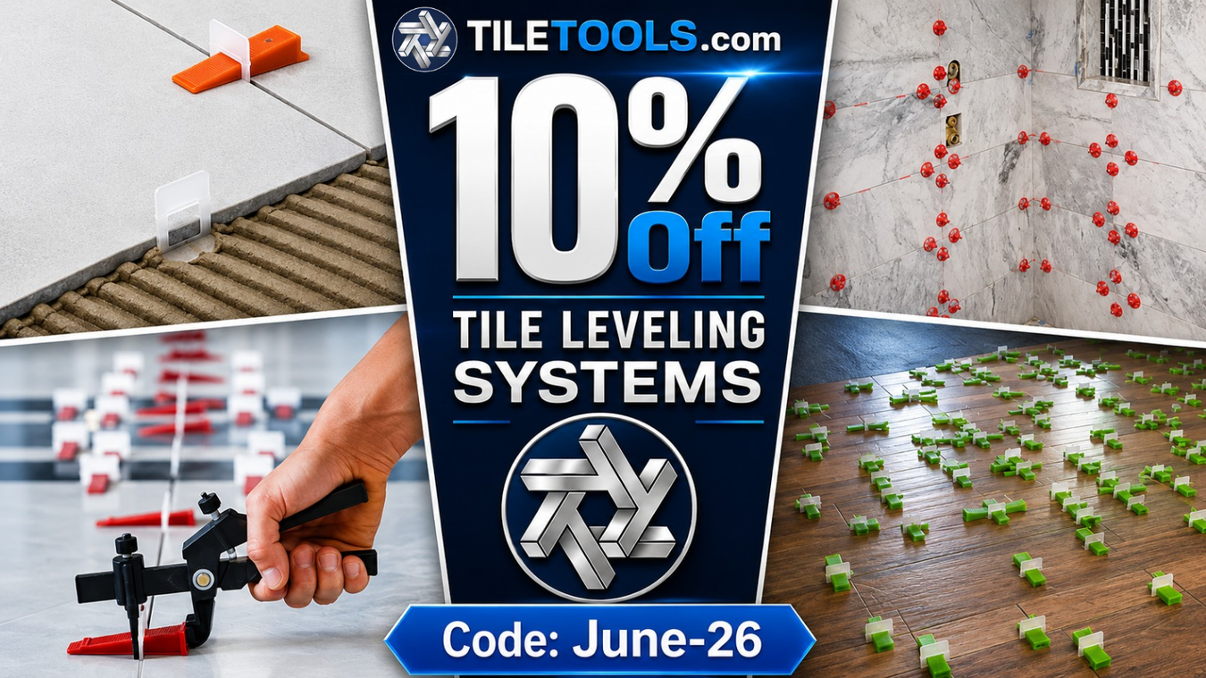 Promotional banner for TileTools.com offering 10% off tile leveling systems with a code, featuring images of tile leveling tools and systems.