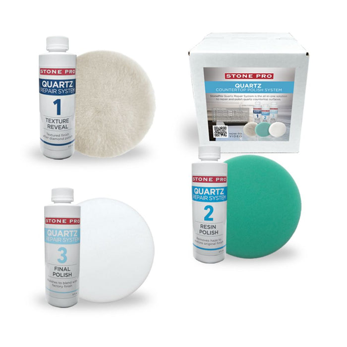 Stonepro 3-part quartz repair system with Texture Reveal, Resin Polish, Final Polish