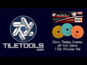 RTC Hat Trick Hybrid 3-Step Polishing Pads displayed alongside polished marble, granite, and porcelain samples, illustrating the pads' effectiveness on various materials and their capability for achieving a high gloss finish in fewer steps.