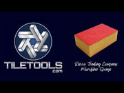 RTC Block MF Pro Sponge showcasing its dual-action microfiber sides for grout cleanup and polishing, highlighting its square edges for precision cleaning in corners, and its large surface area for efficient grout cleaning on a backdrop of tiled surfaces.