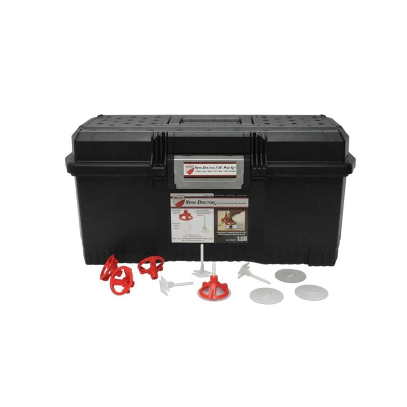 Spin Doctor Pro Kit (RTC) case with red leveling caps, 1/32" posts, and tile protector discs.