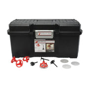 Spin Doctor Pro Kit (RTC) case with red leveling caps, 1/8" posts, and tile protector discs.