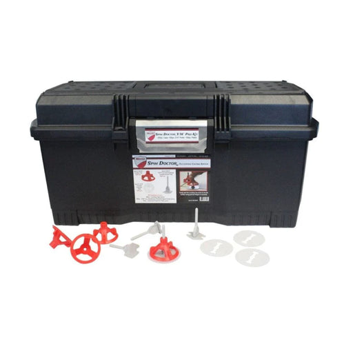 Spin Doctor Pro Kit (RTC) case with red leveling caps, 3/16" posts, and tile protector discs.