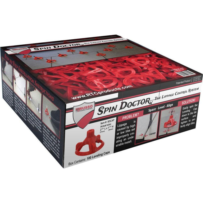 A 100-piece box of Spin Doctor Leveling System Caps featuring a free-spin design for one-handed tightening, ideal for professional, large format tile installation.