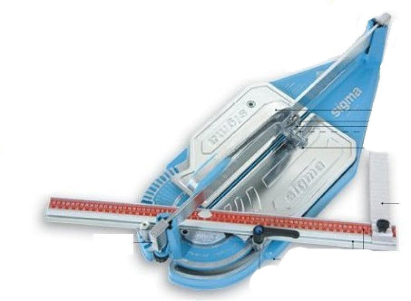 Push tile cutter, blue-and-silver cutting head with curved base and red guide bar