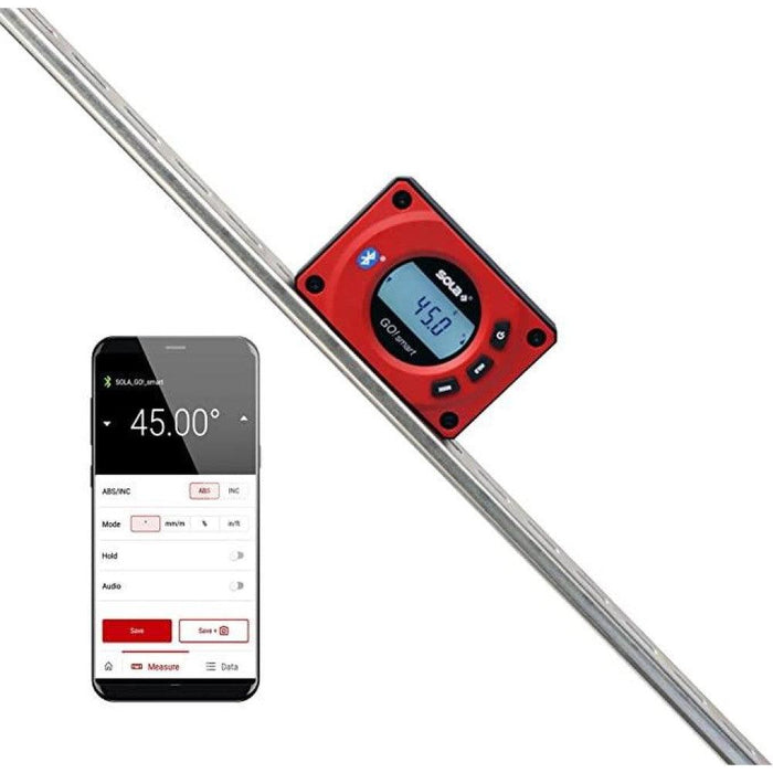 Sola Go digital pocket level with Bluetooth Magnetic 3-Inch measuring an angle and connected to a smartphone via Bluetooth. The smartphone displays the degree of angle for precise measurements.