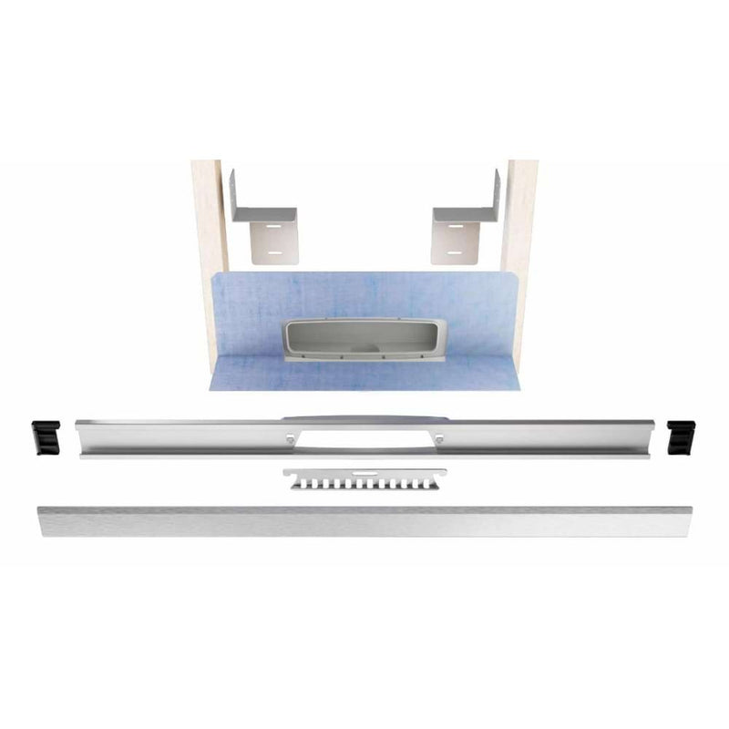 Exploded view of Gruen WallLine linear drain system in brushed stainless steel finish, showing individual components for easy assembly