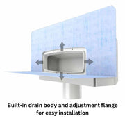 Close-up of Gruen WallLine drain body micro-adjustment flange for perfect wall and floor alignment.