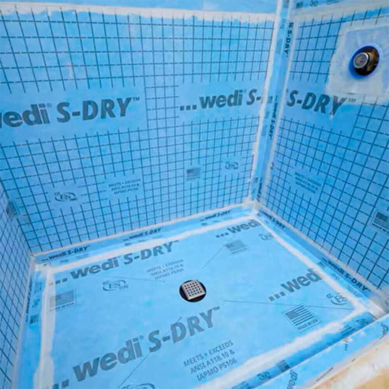 wedi S-Dry shower base extension, blue tiled panel with drain opening
