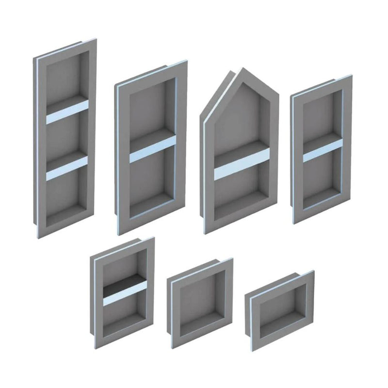 The full wedi collection of niches showing various sizes and configurations against a white background.